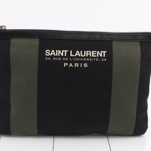 Yves Saint Laurent Handbags - Saint Laurent Black/Green Stripe Canvas Zip Pouch